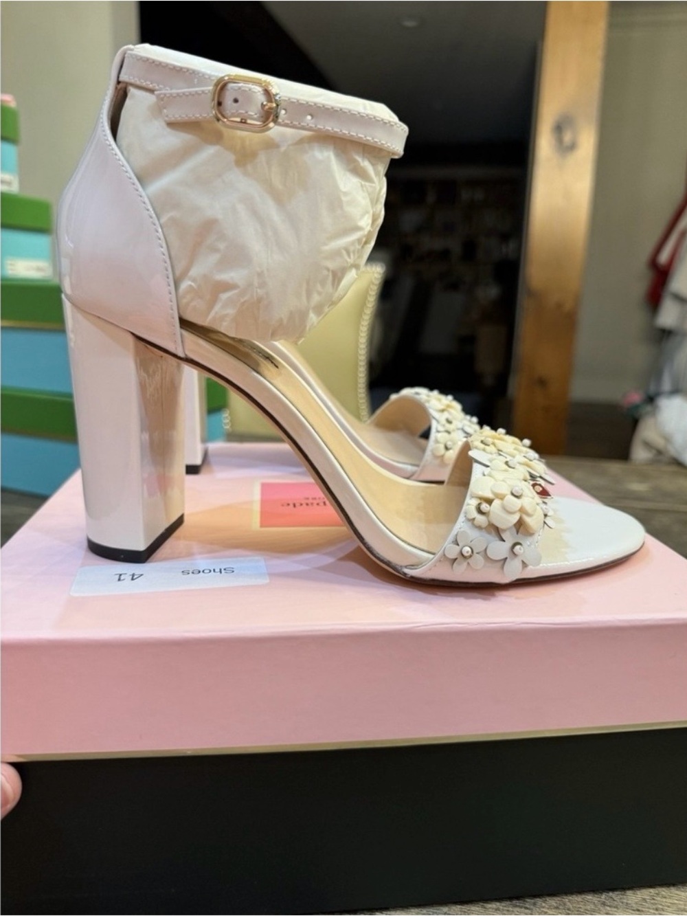 kate spade Ivory Patent Block Heel Sandals with Floral Appliqué